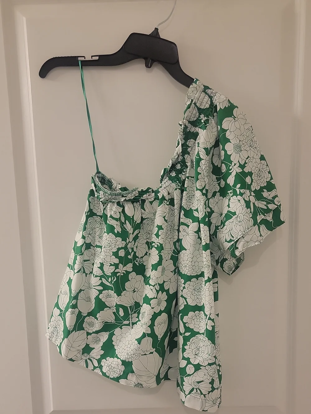 J. Crew Green and White Floral One-Shoulder Top